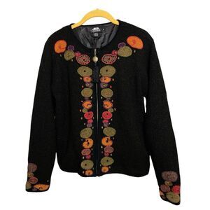 Vintage Icelandic Design black embroidery cardigan jacket size M